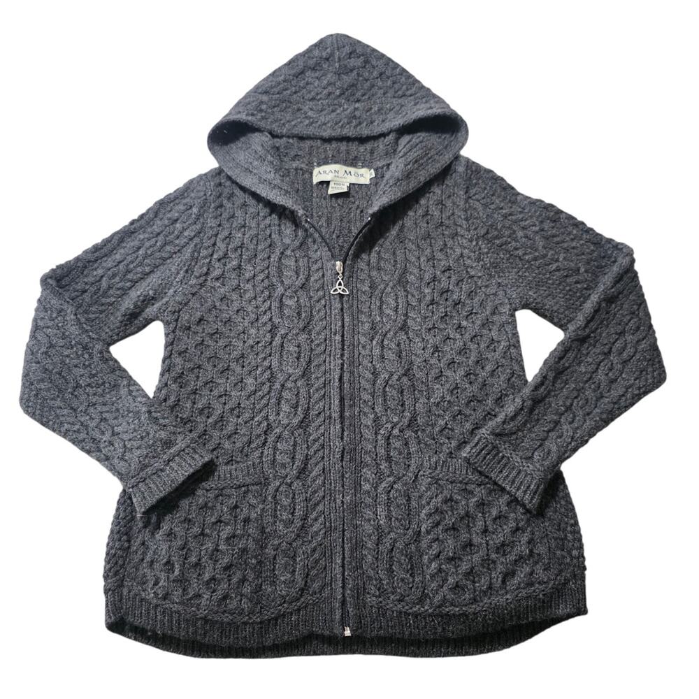 Aran Mor Ireland 100% Merino Wool Cable Knit Hooded Zip Sweater Gray M